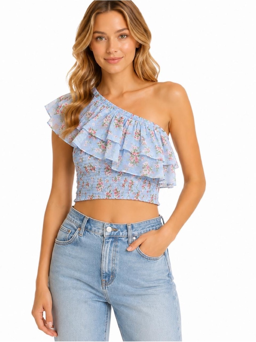 Abercrombie & Fitch Light Blue One-Shoulder Floral Ruffle Crop Top